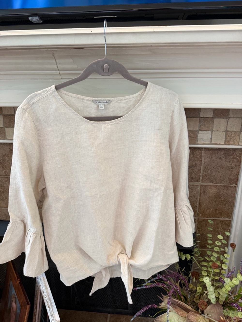 John Mark Linen Tie Front Top Ruffle Bell Sleeve Womens Coastal Beige M